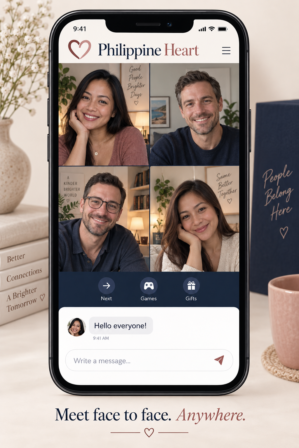 Illustration of Philippine Heart on a phone, with four video participants, room controls and chat below.